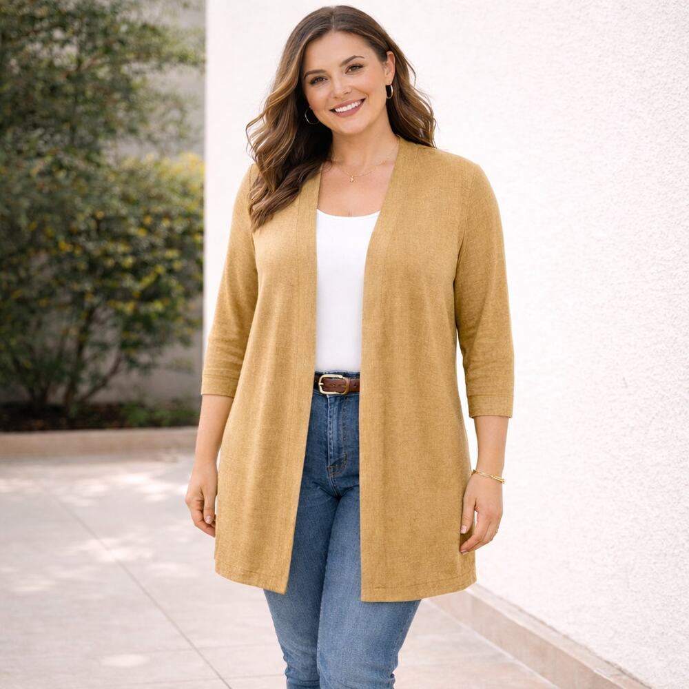 Talbots Plus Petite SZ 2Xp 100% Linen Open Front Cardigan Golden Tan CN151 NWT